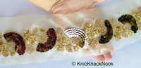 Thumbnail for Gold Sheer Fabric Trim With Antique Gold Floral Embroidery And Metallic Sequins Embellishments, Approx. 95mm Wide - 210119L123