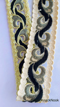 Thumbnail for Wholesale Black And Gold Cut Work Embroidered Trim, Approx. 48mm wide, Indian Embroidered Sari Border