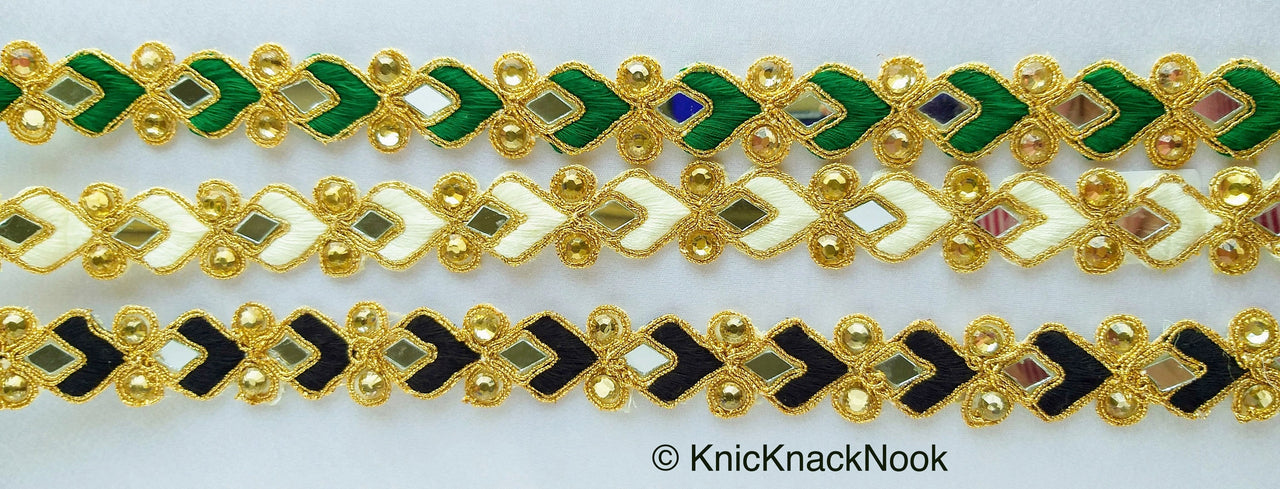 Off White And Gold Thread Lace Trim With Beads And Mirrors Embellishments Approx. 22mm, Decorative Fashion Trim Sari Border Trim by 9 Yards
