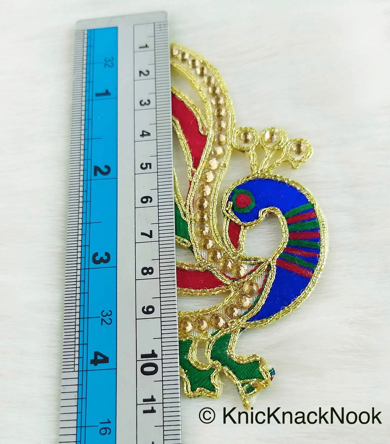 Cutwork Peacock Applique, Embroidered Peacock Applique with Stone Embellishments Red, Blue