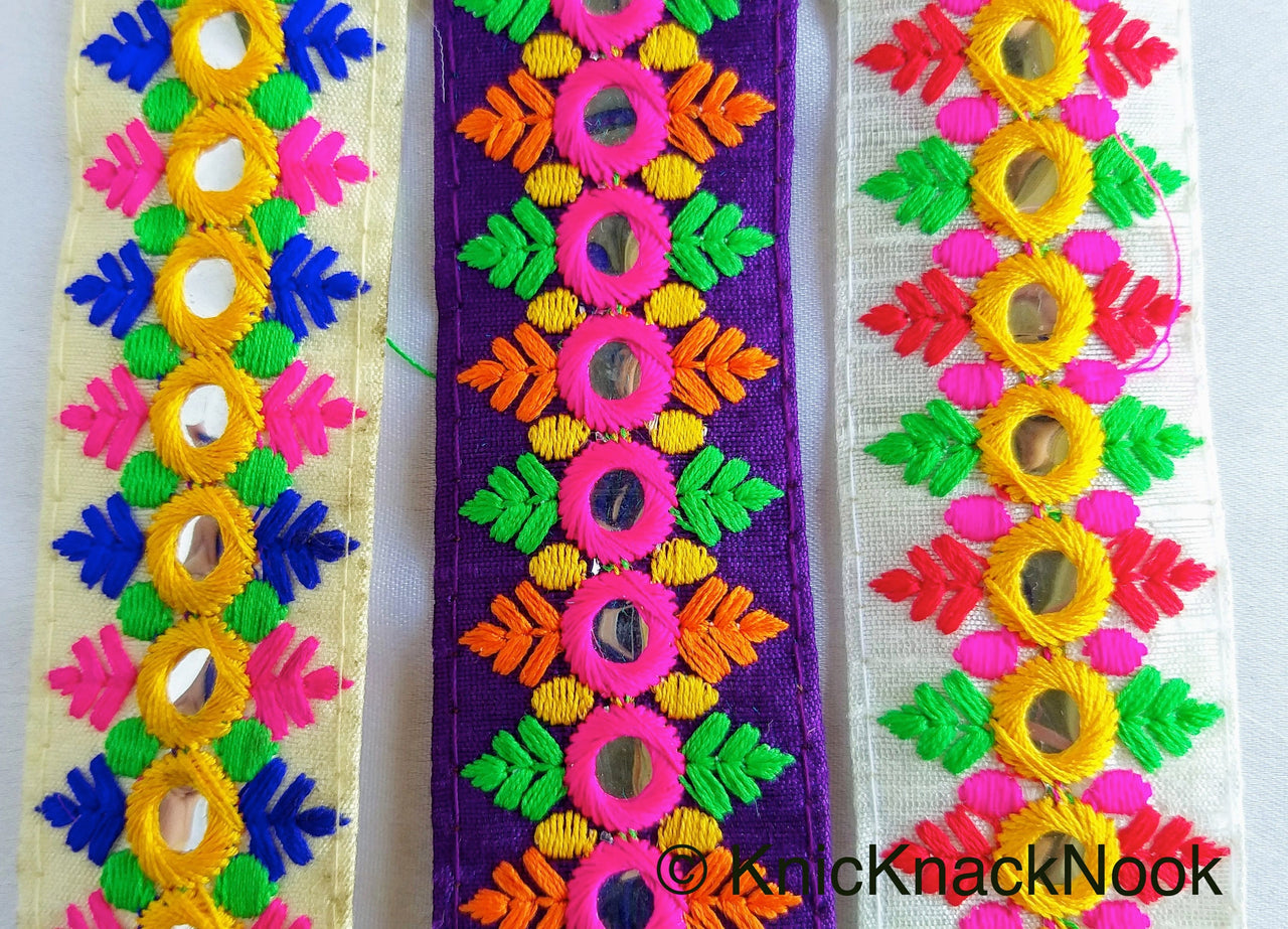 Purple Mirrored Fabric Trim With Fuchsia Pink, Orange, Yellow And Green Embroidery