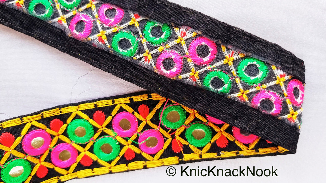 Black Cotton Fabric Mirrored Trim With Embroidery In Fuchsia Pink, Green, Red & Yellow Threads