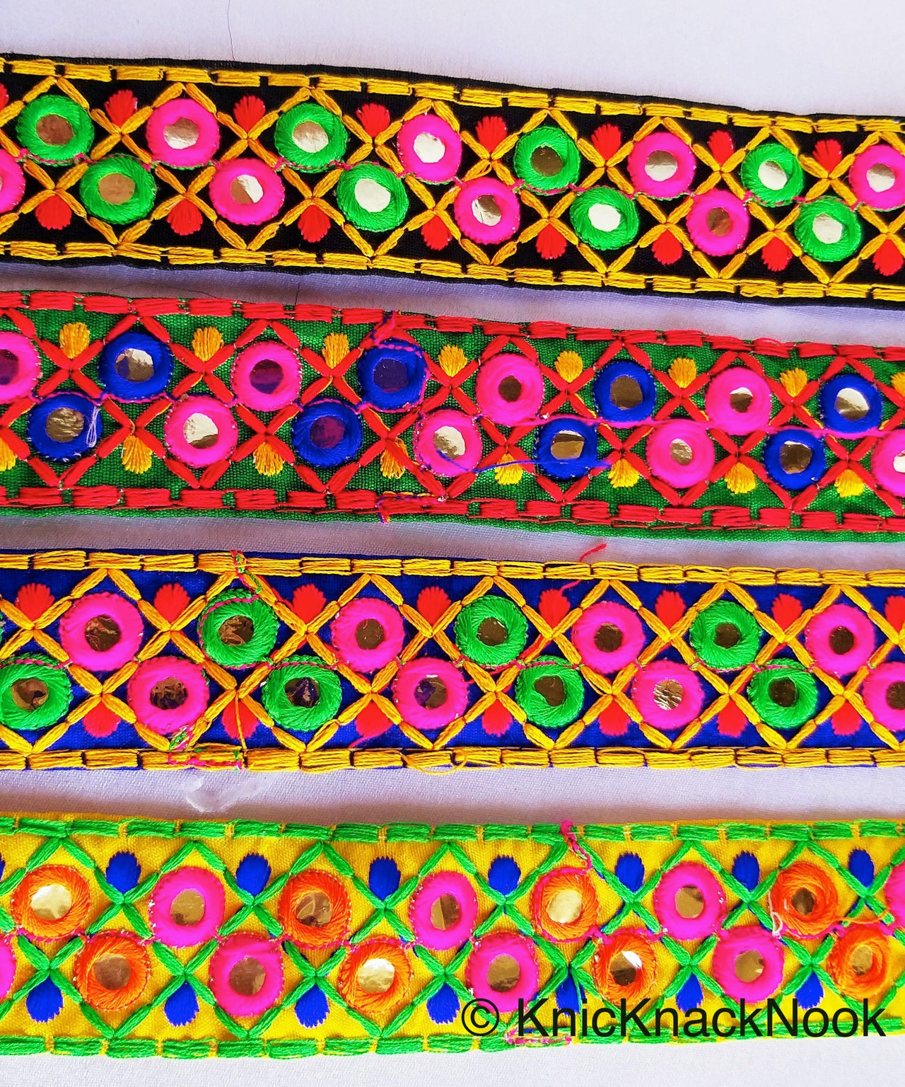 Green Cotton Fabric Mirrored Trim With Embroidery In Fuchsia Pink, Blue, Red & Yellow Threads