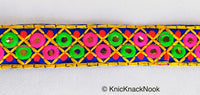 Thumbnail for Blue Cotton Fabric Mirrored Trim With Embroidery In Fuchsia Pink, Green, Red & Yellow Threads