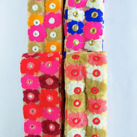 Thumbnail for Beige Net Lace Trim In Maroon, Red, Fuchsia Pink And Pink Floral Embroidery And Mirror Embellishments