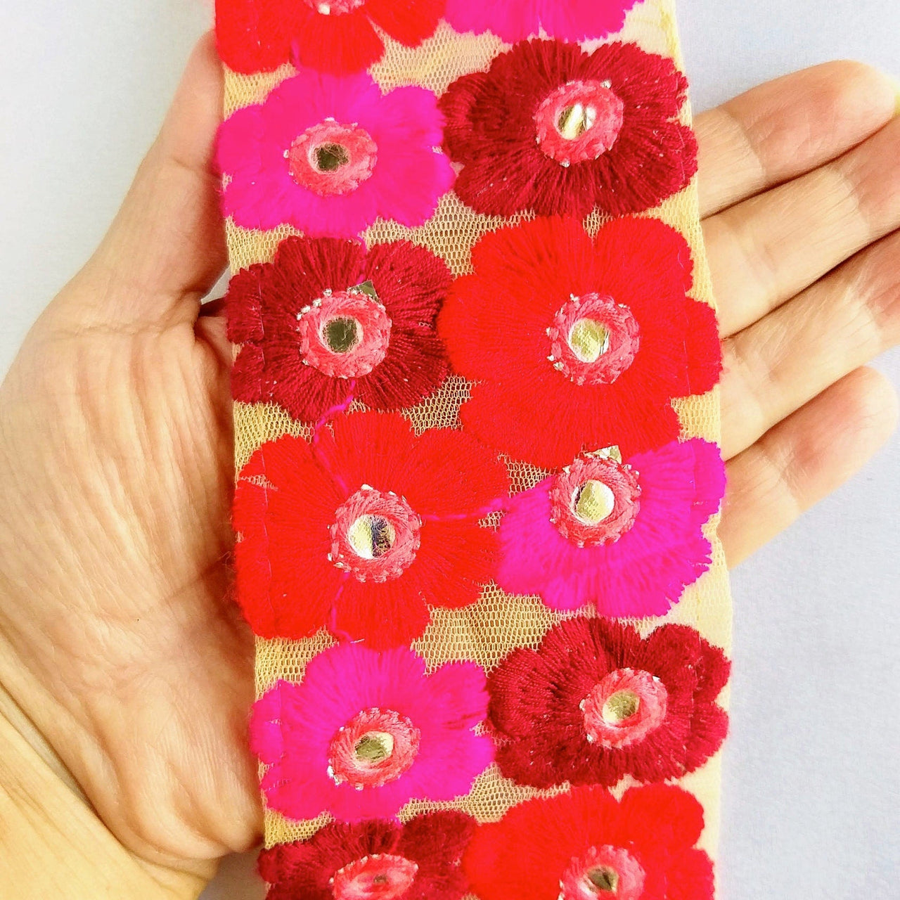 Beige Net Lace Trim In Maroon, Red, Fuchsia Pink And Pink Floral Embroidery And Mirror Embellishments