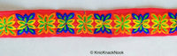 Thumbnail for Red Cotton Fabric Trim With Blue, Orange Yellow & Green Embroidery, Boho trim