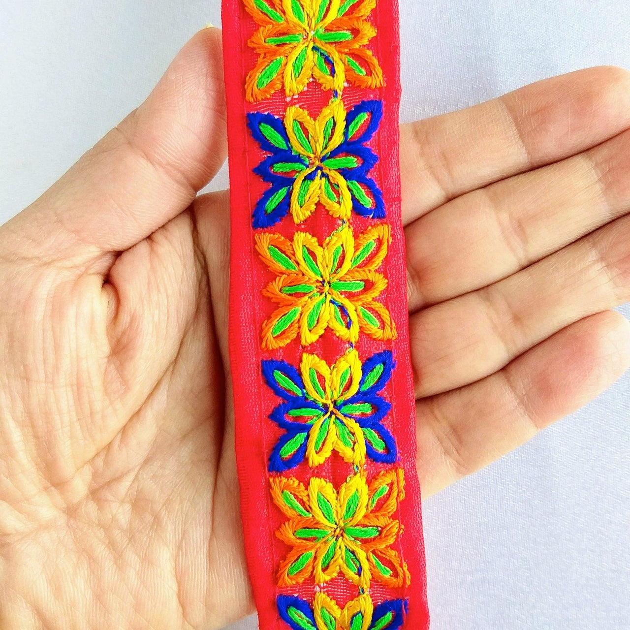 Red Cotton Fabric Trim With Blue, Orange Yellow & Green Embroidery, Boho trim