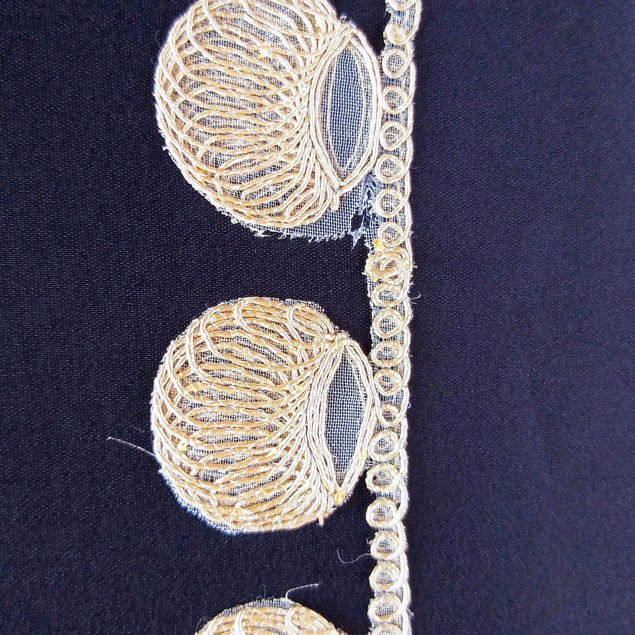 Gold Shimmer Thread Embroidered Circle Design Thread Trim, Fringe Trim, Approx. 34mm wide