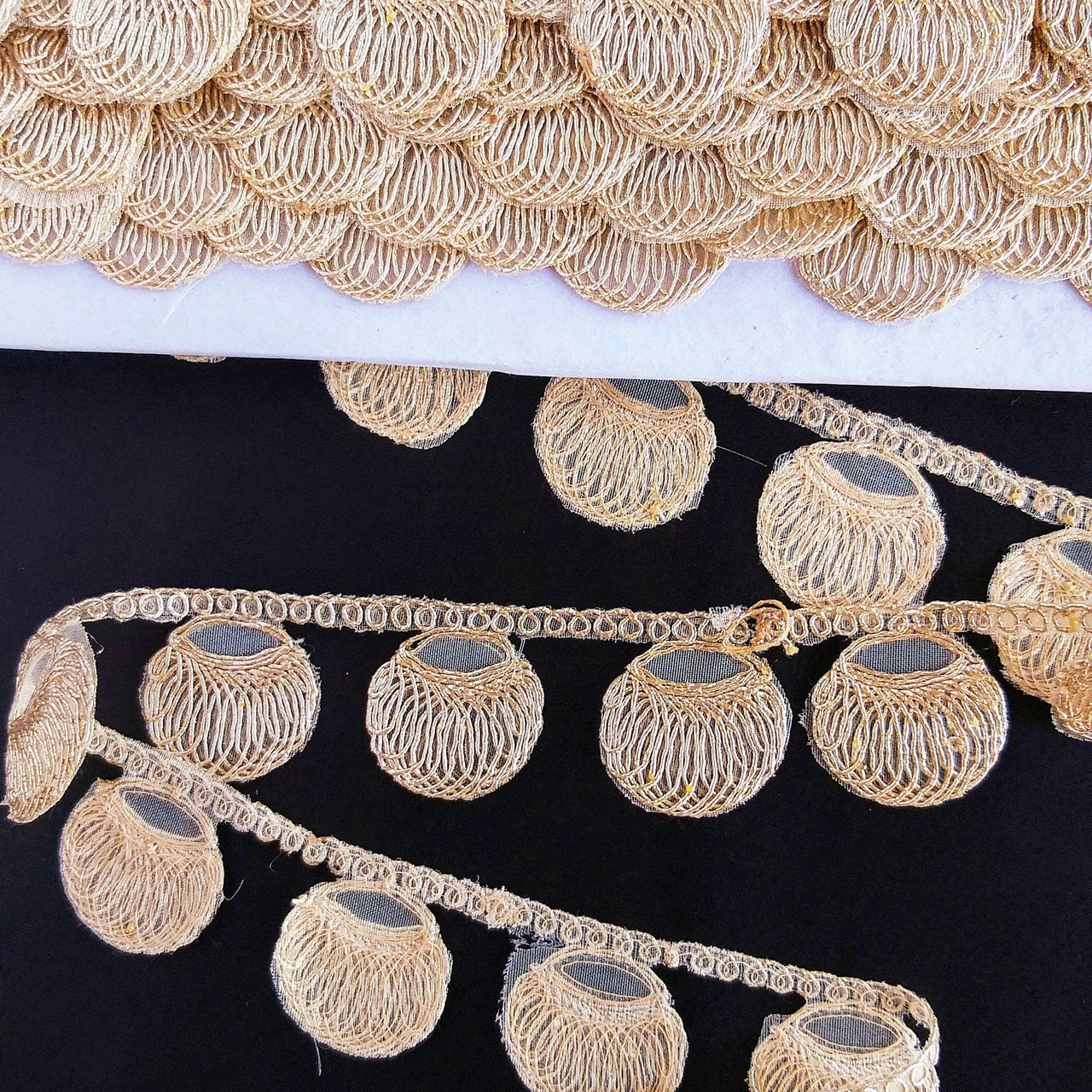 Gold Shimmer Thread Embroidered Circle Design Thread Trim, Fringe Trim, Approx. 34mm wide