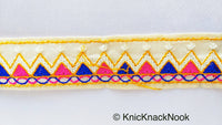Thumbnail for Beige Cotton Fabric Trim With Pink, Blue, Off White & Yellow Embroidery