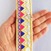 Thumbnail for Beige Cotton Fabric Trim With Pink, Blue, Off White & Yellow Embroidery