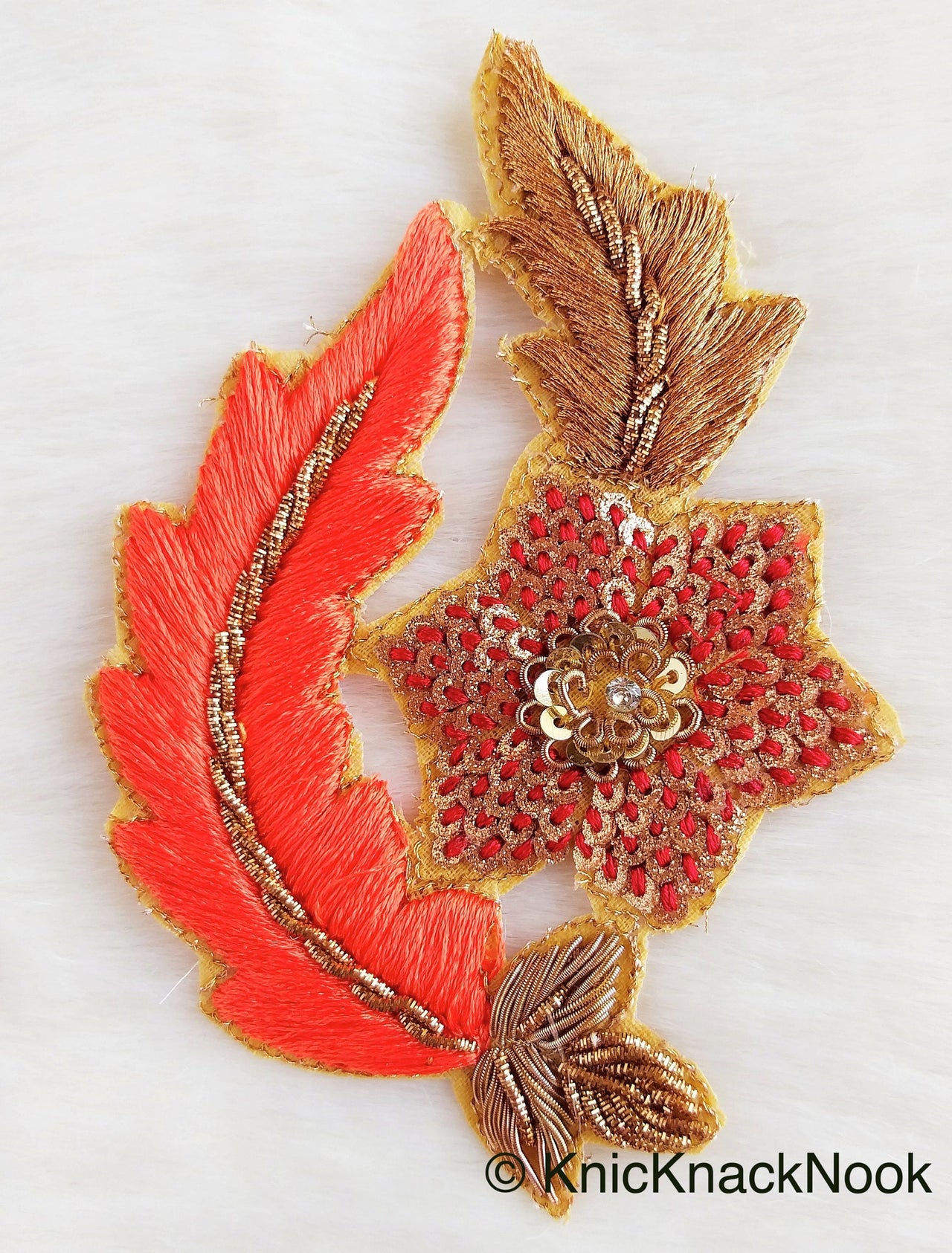 Floral Appliques With Sequins, Zardozi Appliqué Patch In Red And Gold Flowers & Red / Yellow / Coral / Mint Green Leaf Embroidery