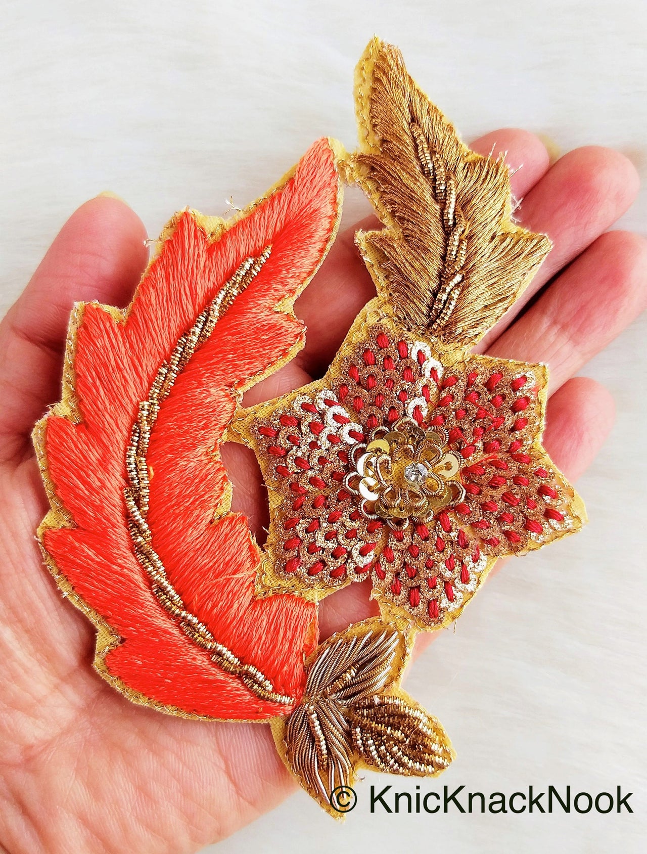 Floral Appliques With Sequins, Zardozi Appliqué Patch In Red And Gold Flowers & Red / Yellow / Coral / Mint Green Leaf Embroidery