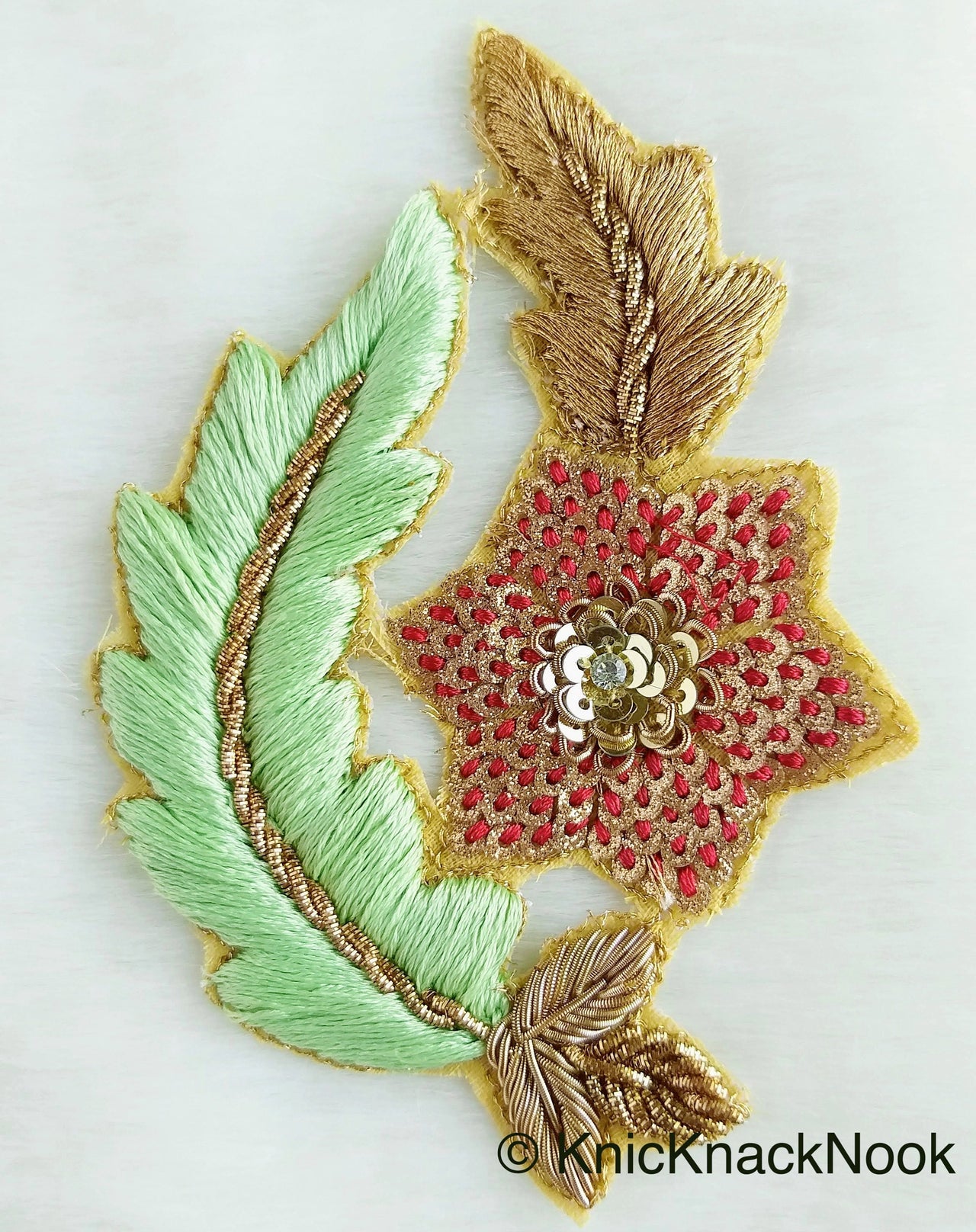 Floral Appliques With Sequins, Zardozi Appliqué Patch In Red And Gold Flowers & Red / Yellow / Coral / Mint Green Leaf Embroidery