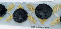 Thumbnail for Black Net Lace Trim With Black Thread Flowers and Gold Leaves Embroidery, Approx. 95mm wide