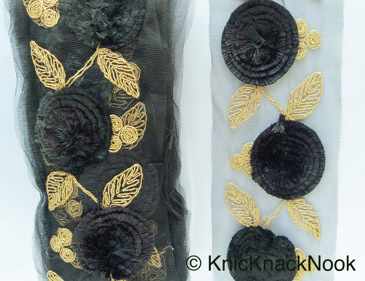 Black Net Lace Trim With Black Thread Flowers and Gold Leaves Embroidery, Approx. 95mm wide