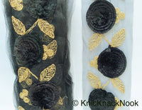 Thumbnail for Black Net Lace Trim With Black Thread Flowers and Gold Leaves Embroidery, Approx. 95mm wide