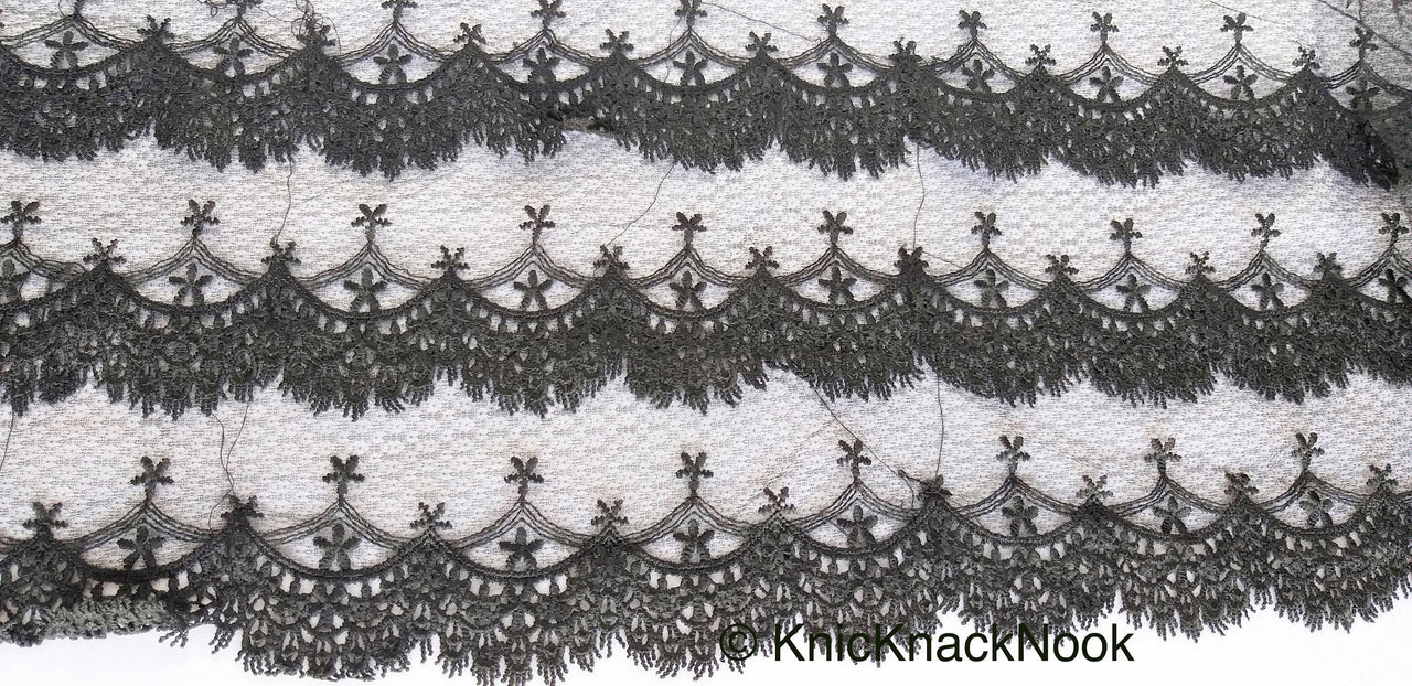 Black Net Lace Trim With Embroidered Flowers 12 inches wide, One Yard Lace Trims