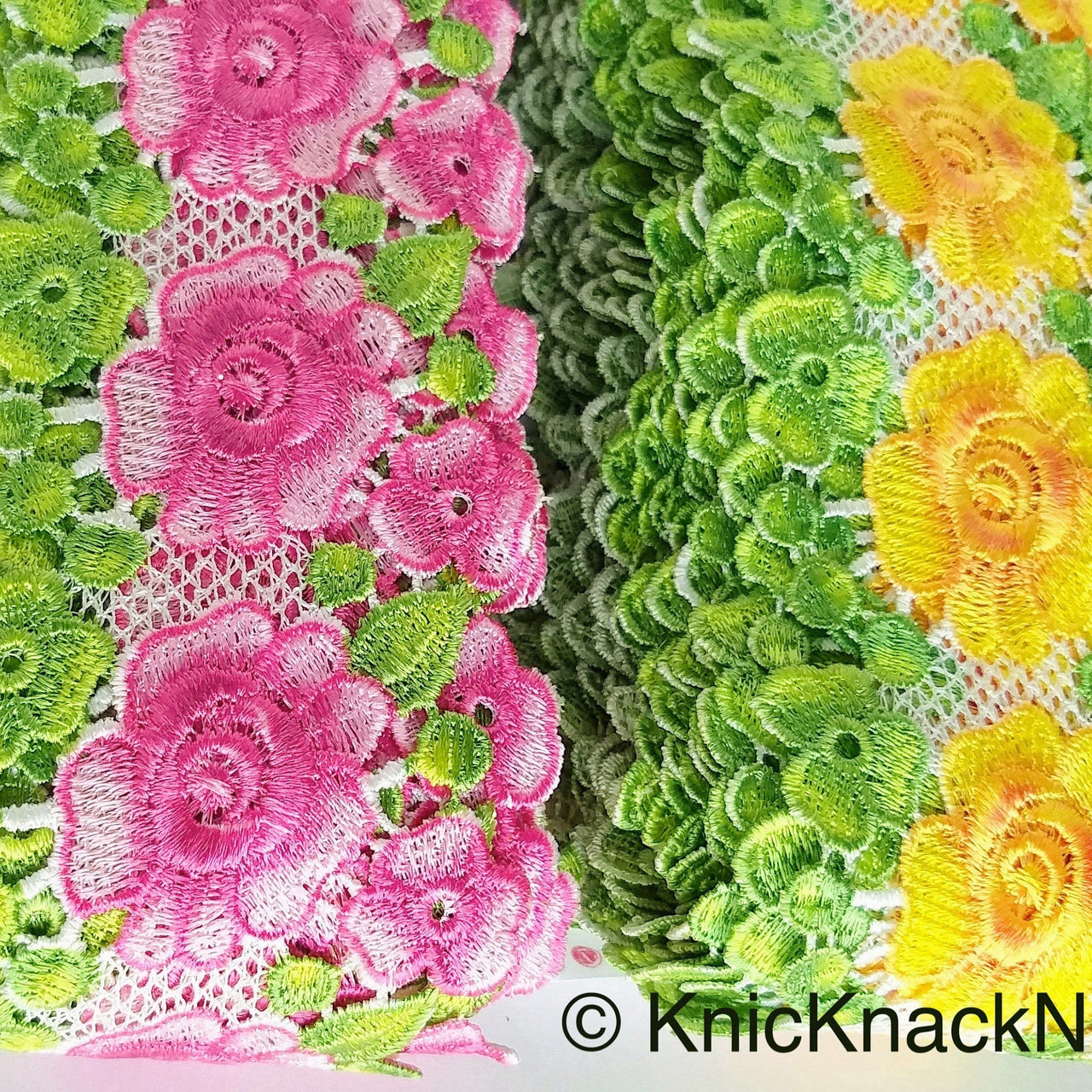 Yellow / Pink, Green and White Embroidered Flower Lace Trim, Approx 80mm wide
