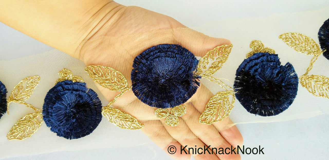 Beige Net Lace Trim With Blue / Beige / Red Thread Flowers and Gold Leaves Embroidery, Approx. 95mm wide