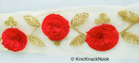Thumbnail for Beige Net Lace Trim With Blue / Beige / Red Thread Flowers and Gold Leaves Embroidery, Approx. 95mm wide
