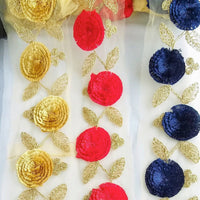 Thumbnail for Beige Net Lace Trim With Blue / Beige / Red Thread Flowers and Gold Leaves Embroidery, Approx. 95mm wide