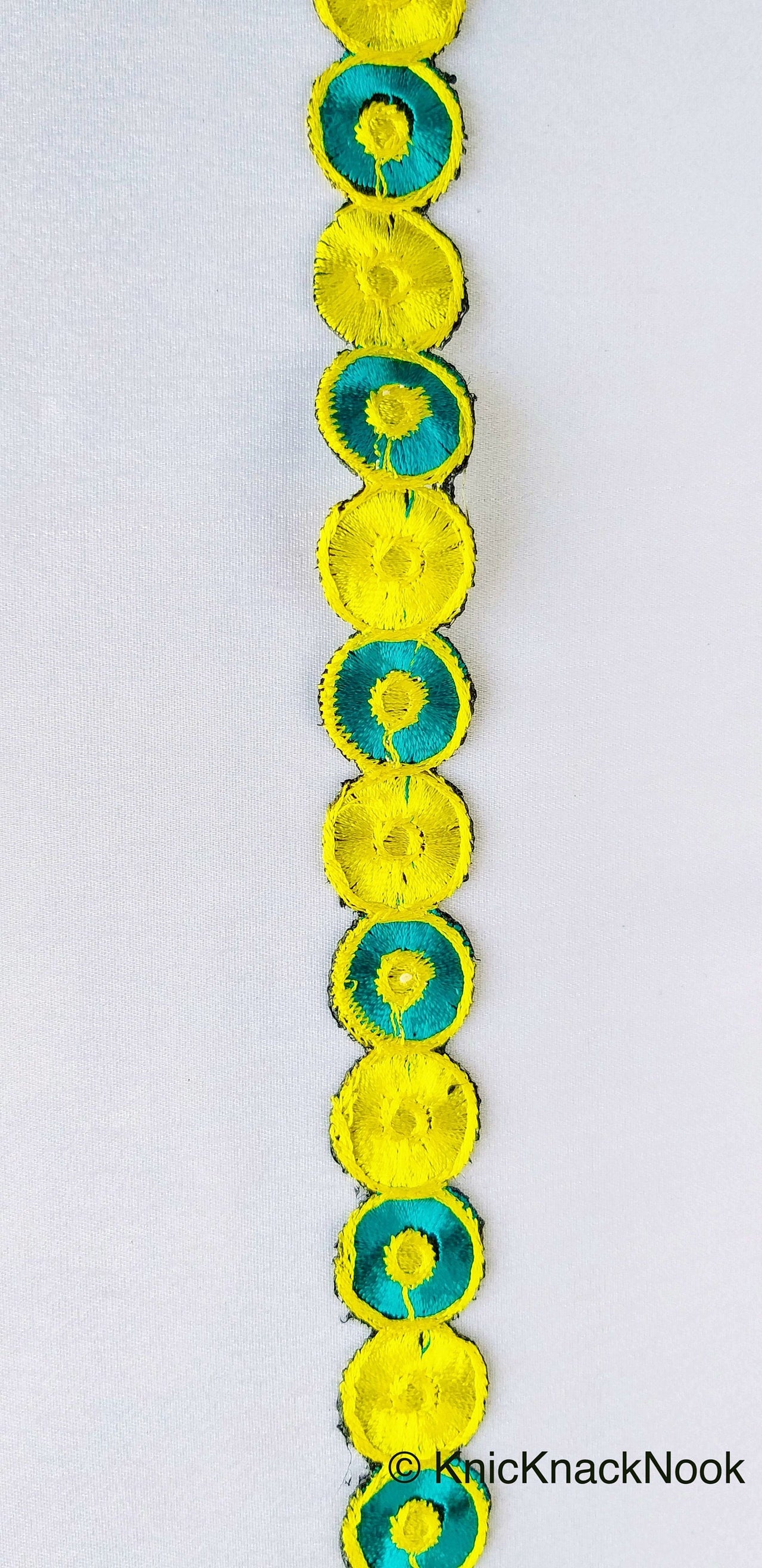 Yellow & Teal Embroidered Circles Cutwork Trim, Approx. 22mm Wide