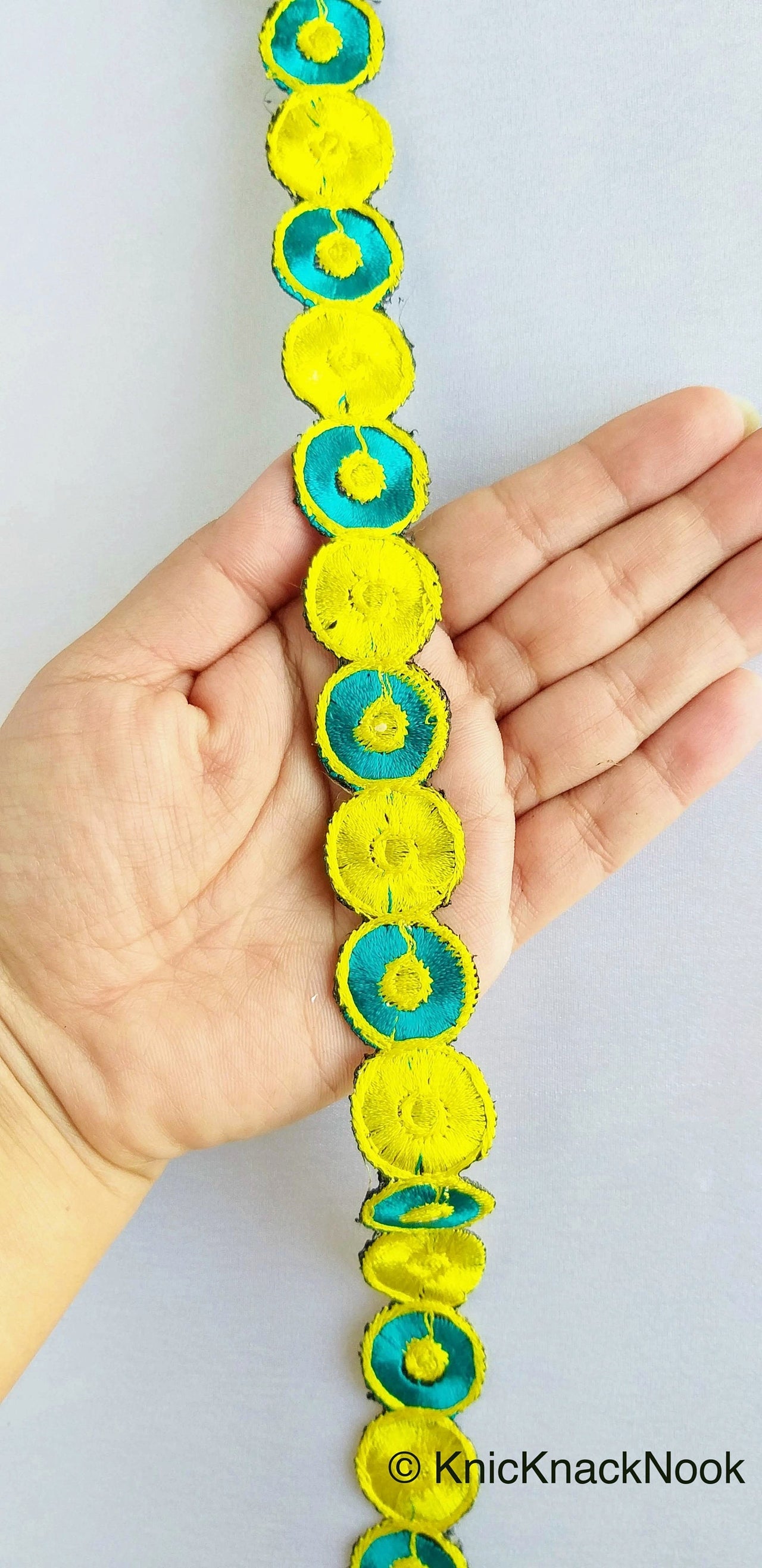 Yellow & Teal Embroidered Circles Cutwork Trim, Approx. 22mm Wide
