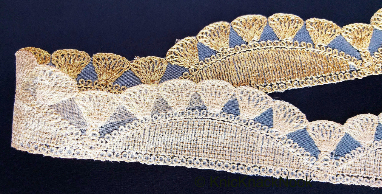 Gold Shimmer Thread Embroidered Scallop Trim, Sheer Fabric Lace, Fringe Trim