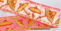 Thumbnail for Pink / Peach / Beige / Green Art Silk Fabric Trim With Orange, Red & Gold Embroidered Umbrellas And Gold Sequins, Approx. 88mm wide