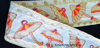 Thumbnail for Pink / Peach / Beige / Green Art Silk Fabric Trim With Orange, Red & Gold Embroidered Umbrellas And Gold Sequins, Approx. 88mm wide