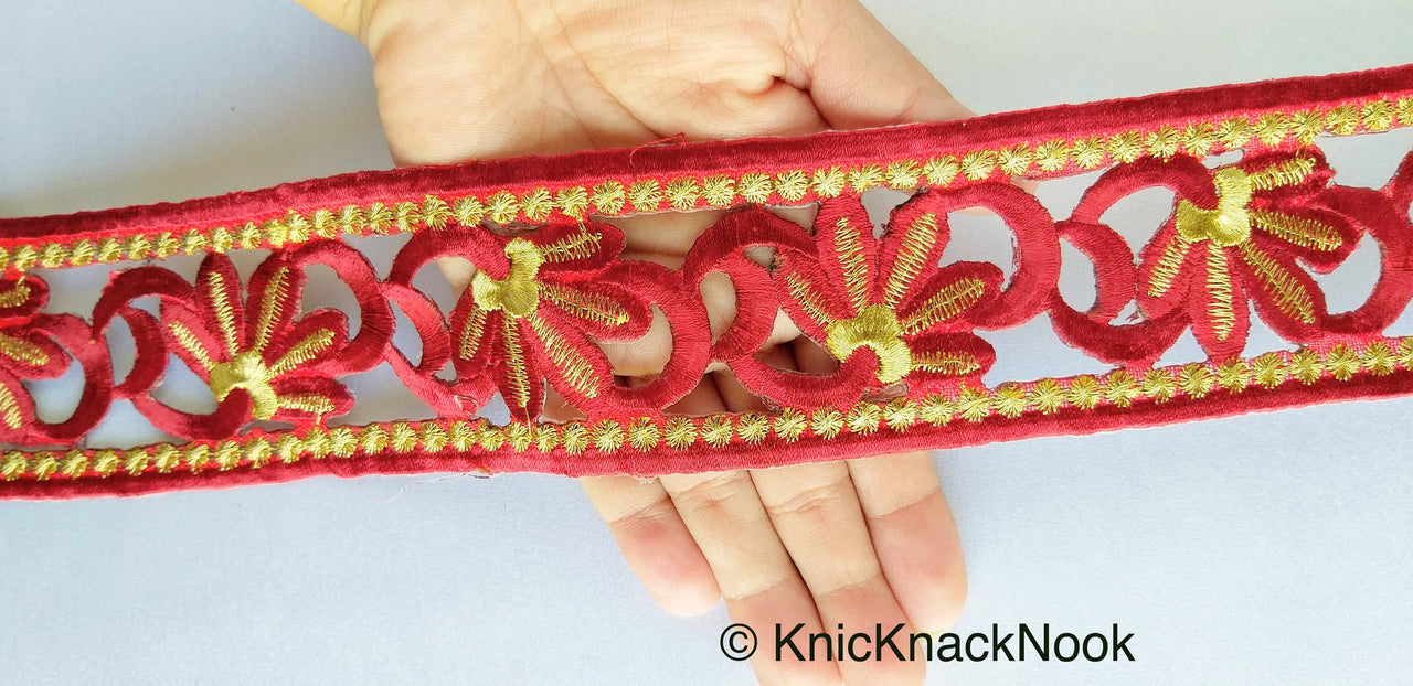 Green / Red / Beige And Gold Floral Embroidery Trim, Floral Trim, Cut Work One Yard Lace Trim