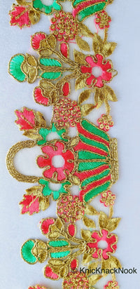 Thumbnail for Wholesale Flower Basket Cutwork Trim, Embroidered In Gold, Pink & Green