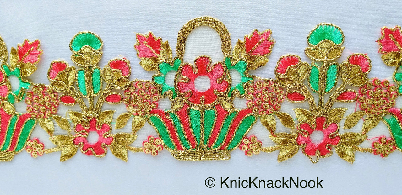 Flower Basket Cutwork Trim, Embroidered In Gold, Pink & Green