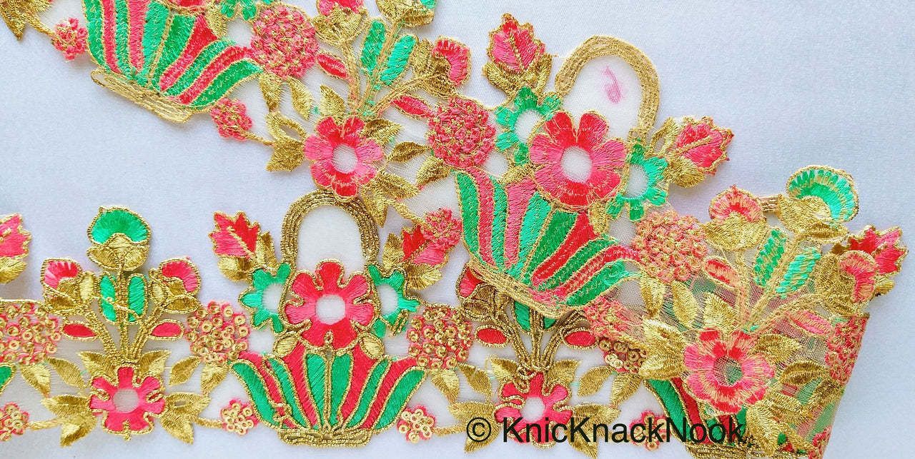 Wholesale Flower Basket Cutwork Trim, Embroidered In Gold, Pink & Green