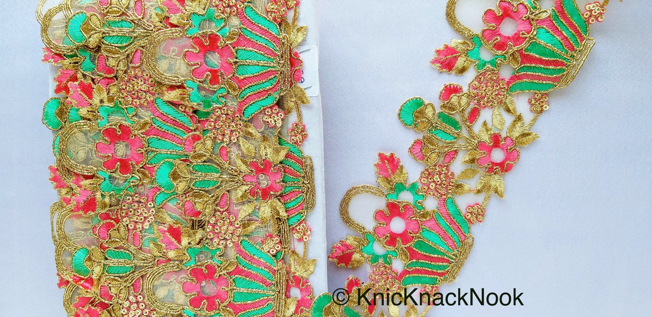 Wholesale Flower Basket Cutwork Trim, Embroidered In Gold, Pink & Green