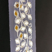 Thumbnail for White Net Fabric Lace Trim With Silver Embroidery And Mirror Embellishments, Wedding Trims, Indian - 210119L458