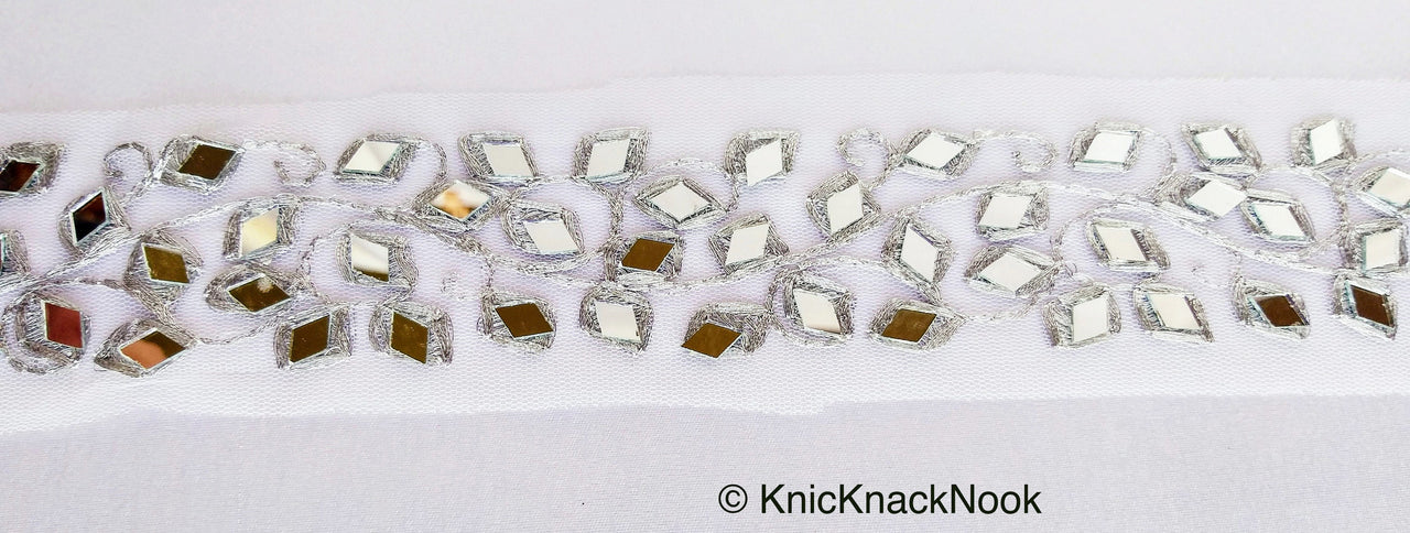 White Net Fabric Lace Trim With Silver Embroidery And Mirror Embellishments, Wedding Trims, Indian - 210119L458