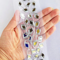 Thumbnail for White Net Fabric Lace Trim With Silver Embroidery And Mirror Embellishments, Wedding Trims, Indian - 210119L458