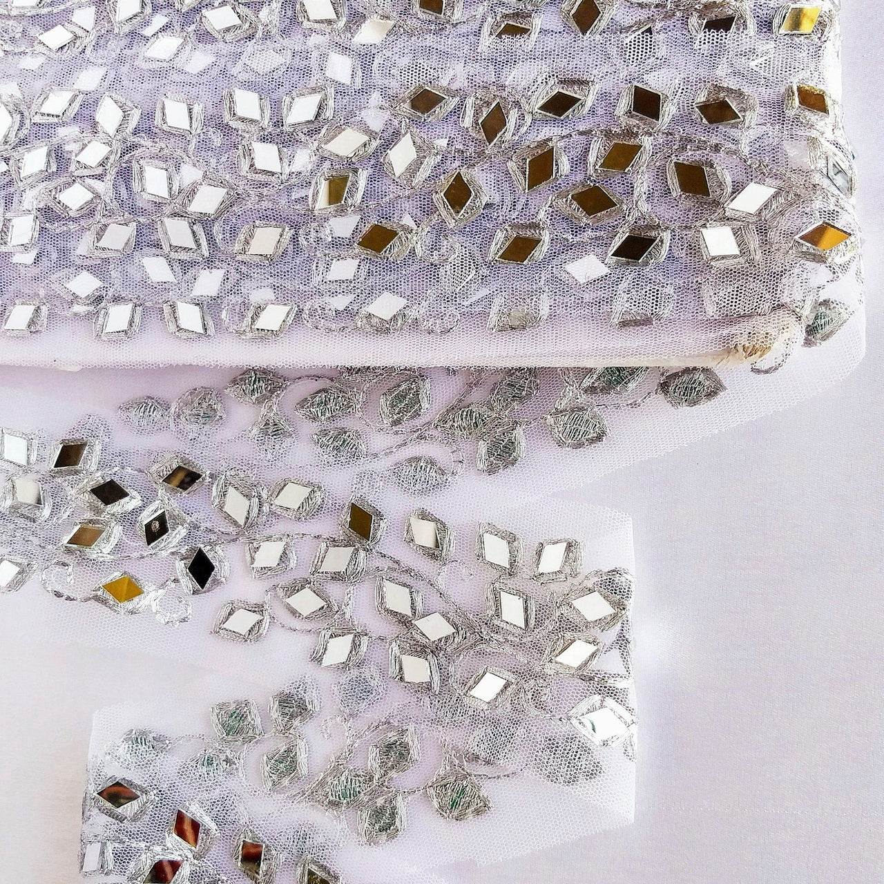 White Net Fabric Lace Trim With Silver Embroidery And Mirror Embellishments, Wedding Trims, Indian - 210119L458