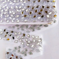 Thumbnail for White Net Fabric Lace Trim With Silver Embroidery And Mirror Embellishments, Wedding Trims, Indian - 210119L458