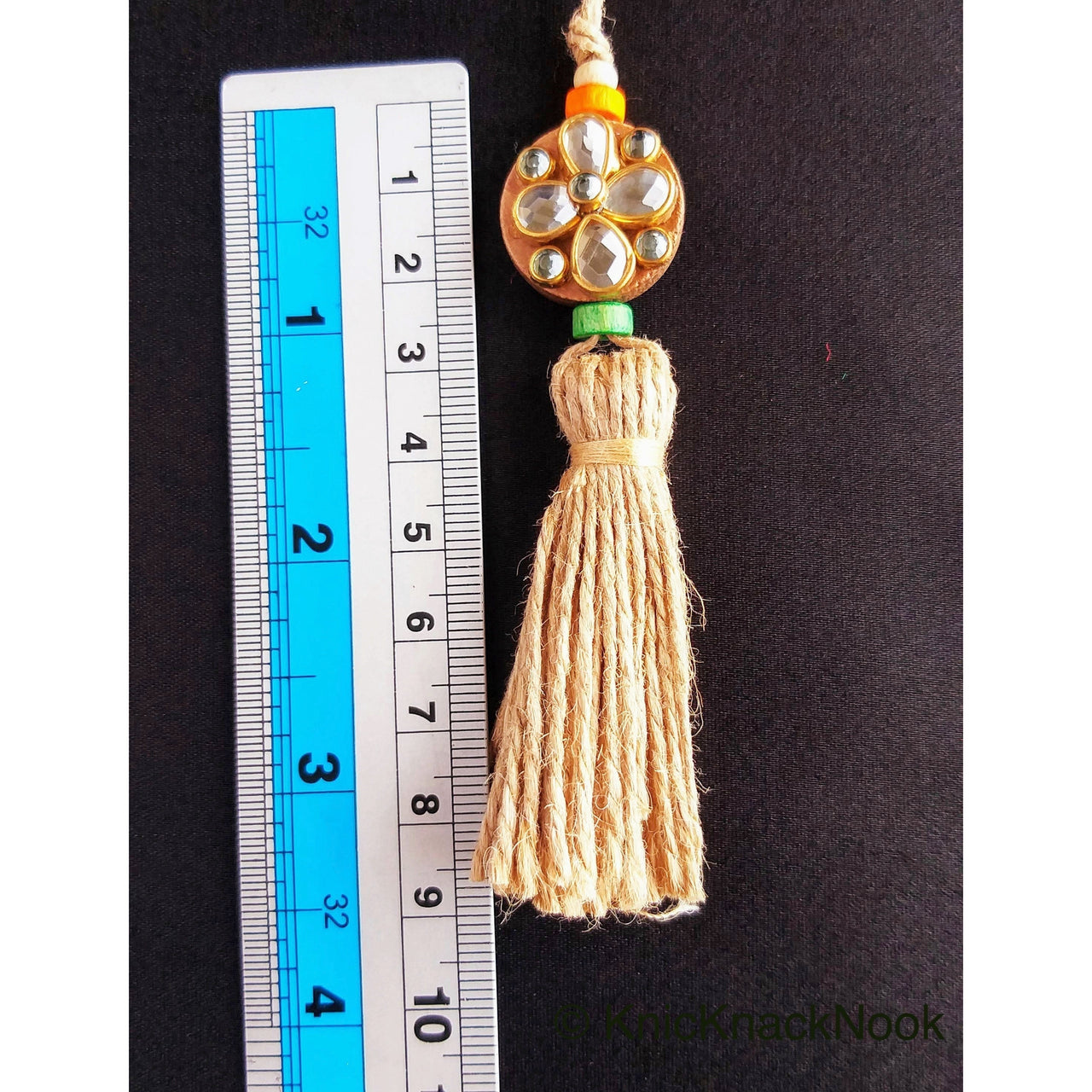 Twine Brown Tassels With Kundan Stone, Embellished Wooden Button, Tassel Charms