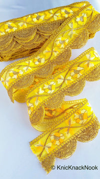 Thumbnail for Green / Yellow / Orange And Gold Embroidered Fabric Trim With Floral Embroidery, Scallop Trim, Approx. 65mm Wide - 210119L174 / 75 / 76