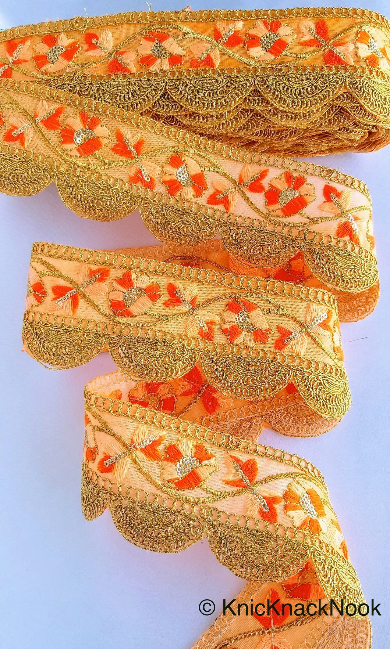 Green / Yellow / Orange And Gold Embroidered Fabric Trim With Floral Embroidery, Scallop Trim, Approx. 65mm Wide - 210119L174 / 75 / 76