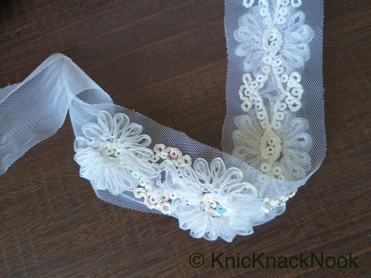 White Flower Tissue Net Fabric Lace Trim With Sequins, Floral Trim, Wedding Supplies