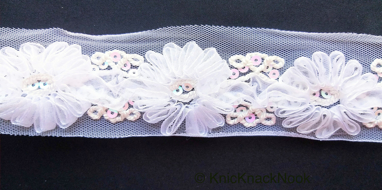Wholesale White Flower Tissue Net Fabric Lace Trim With Sequins, Floral Trim, Wedding Supplies Trim By 9 Yards