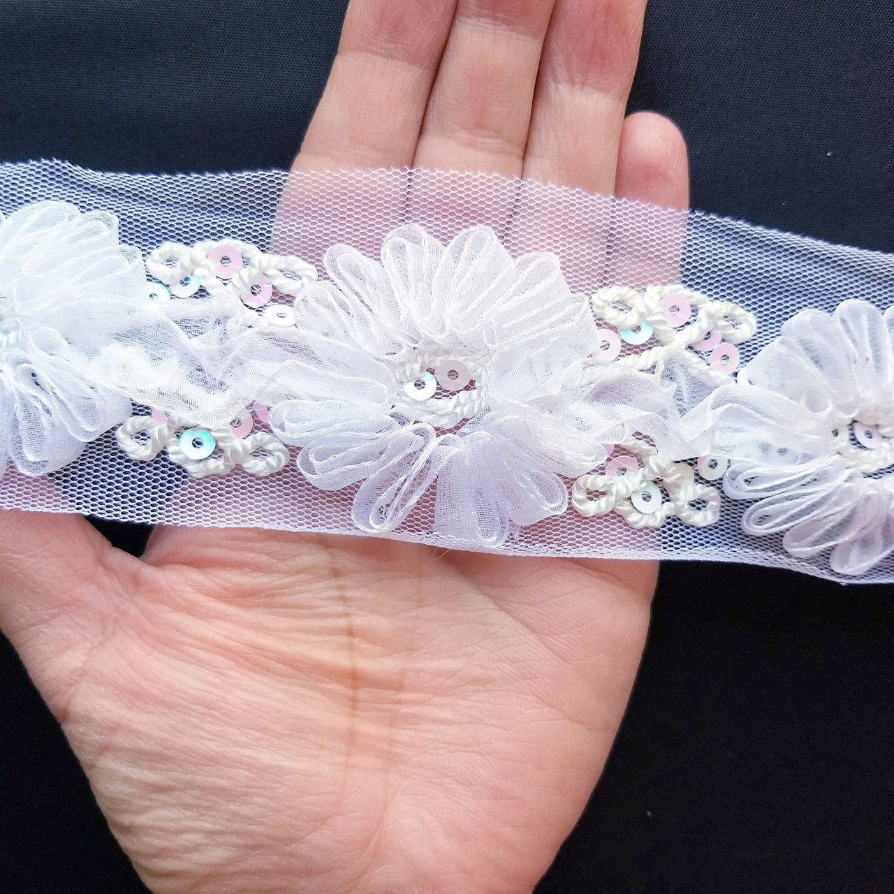 White Flower Tissue Net Fabric Lace Trim With Sequins, Floral Trim, Wedding Supplies