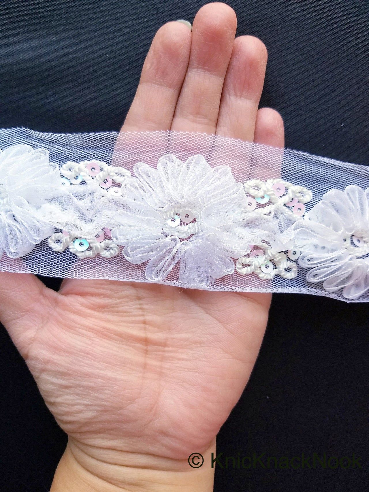 Wholesale White Flower Tissue Net Fabric Lace Trim With Sequins, Floral Trim, Wedding Supplies Trim By 9 Yards