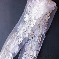 Thumbnail for White Flower Tissue Net Fabric Lace Trim With Sequins, Floral Trim, Wedding Supplies